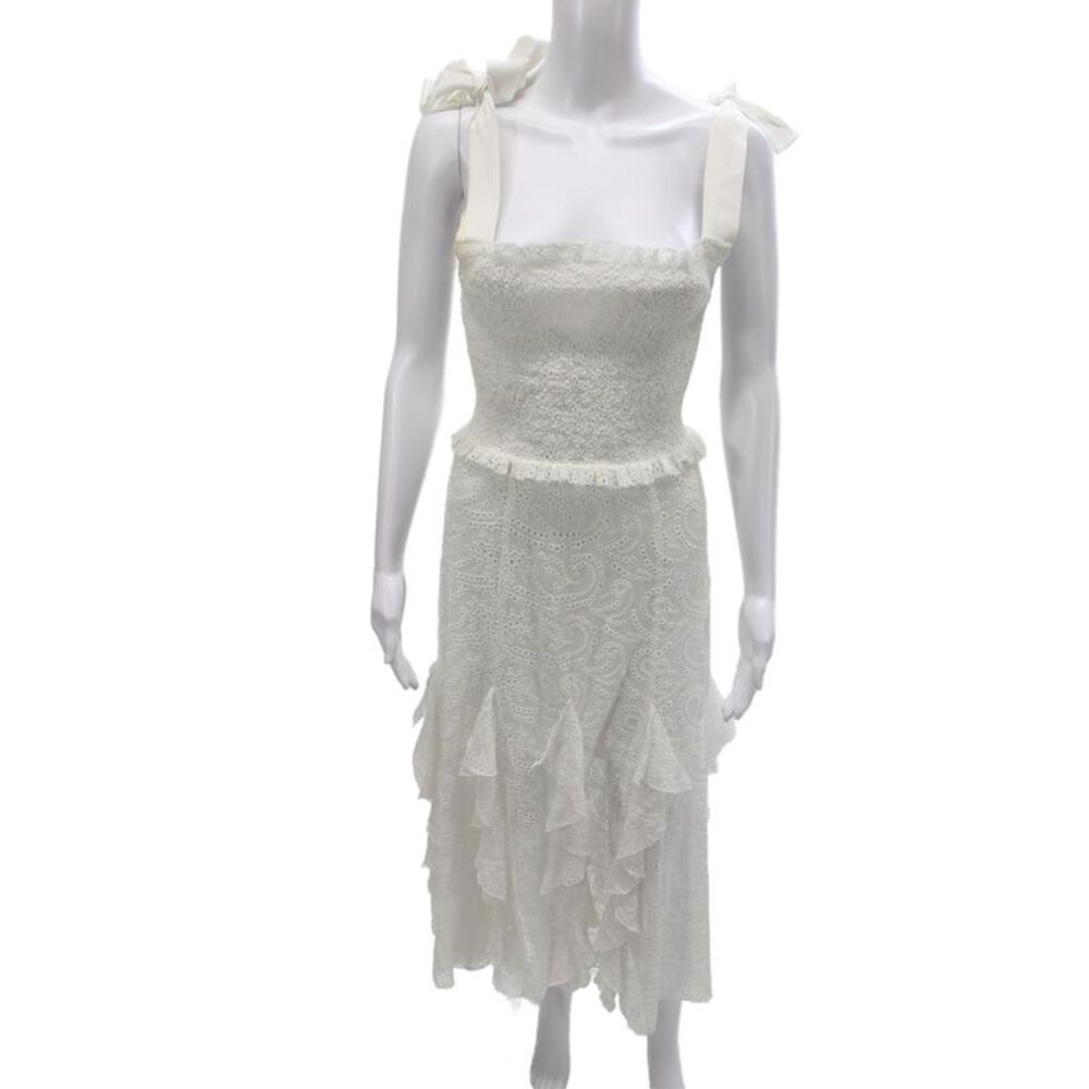 Alice + Olivia Womens Sundress White Eyelet Lace Square Neck Tie Midi Size 2